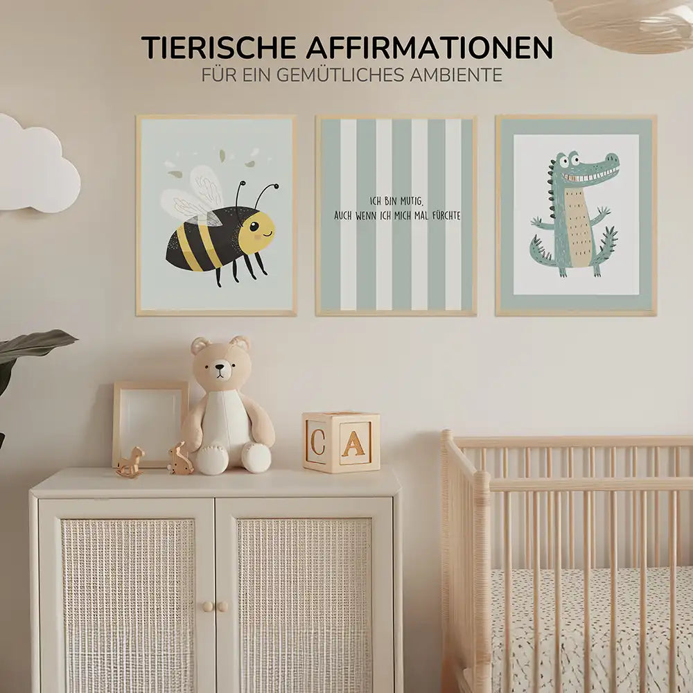 Poster 3er-Set - Biene, Krokodil & Mut Affirmation fürs Kinderzimmer