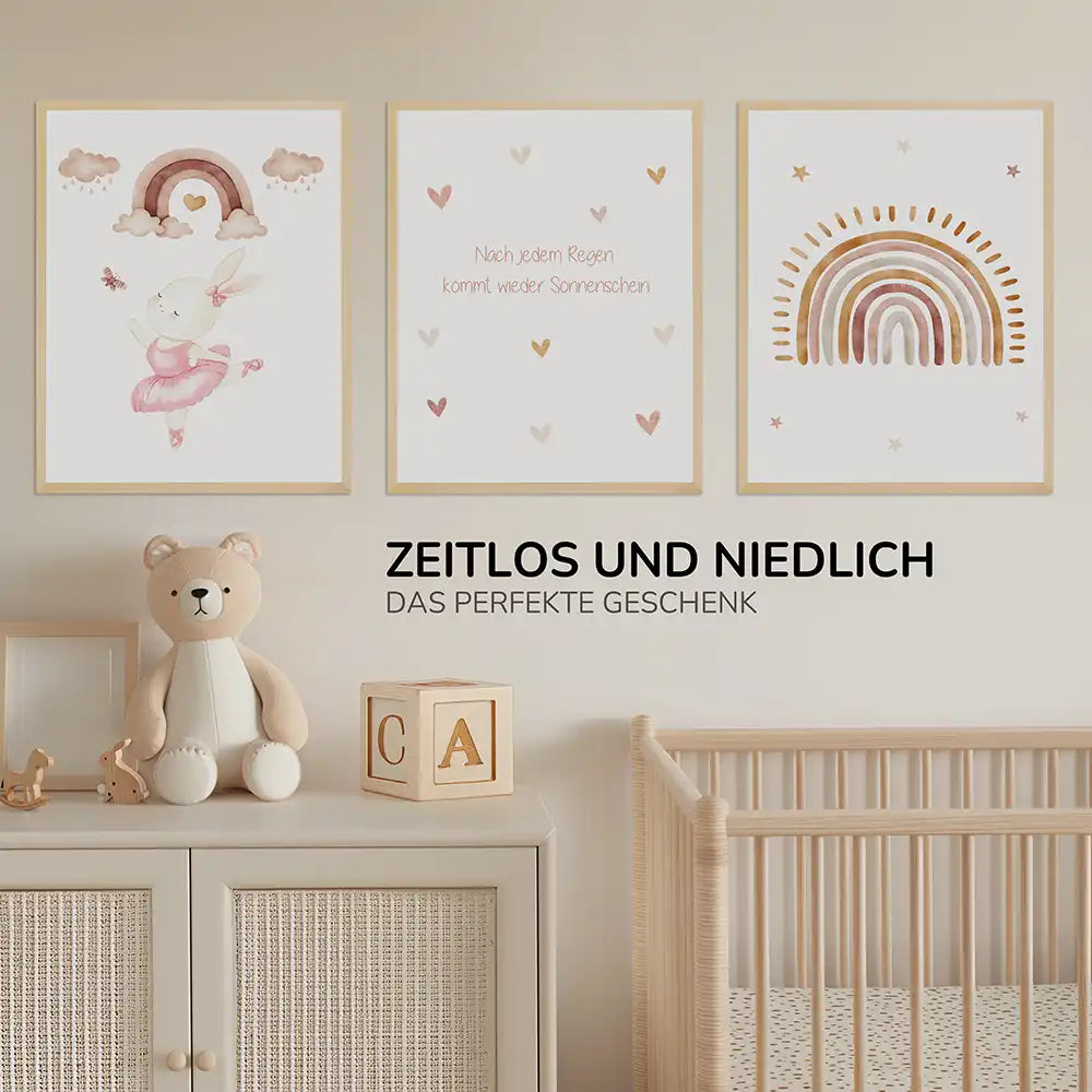 Poster 3er-Set - Häschen-Ballerina, Regenbogenspruch & Regenbogen fürs Kinderzimmer