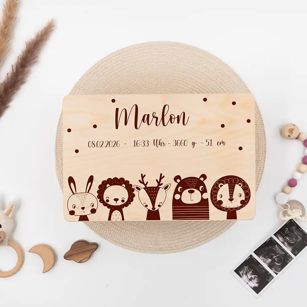 Erinnerungsbox Baby, Erinnerungskiste Baby - Tierfamilie graviert
