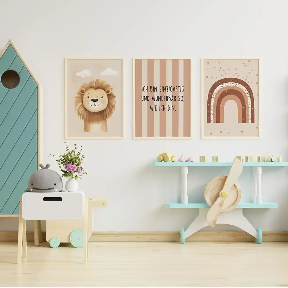 Poster 3er-Set - Löwe, Regenbogen & Selbstwert Affirmation fürs Kinderzimmer