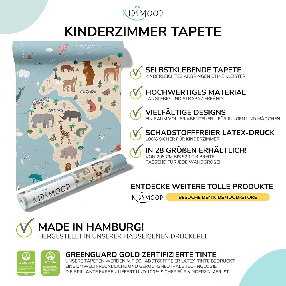 Kinderzimmer-Wandgestaltung mit Weltkarte und Tiermotiven â Vliestapete selbstklebend