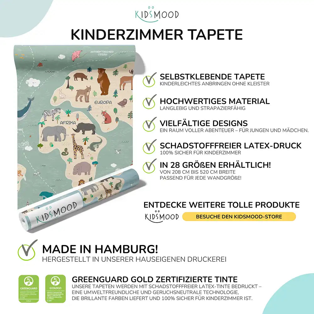 Weltkarte Kinderzimmer Tapete mit Tieren â handgefertigt in Hamburg