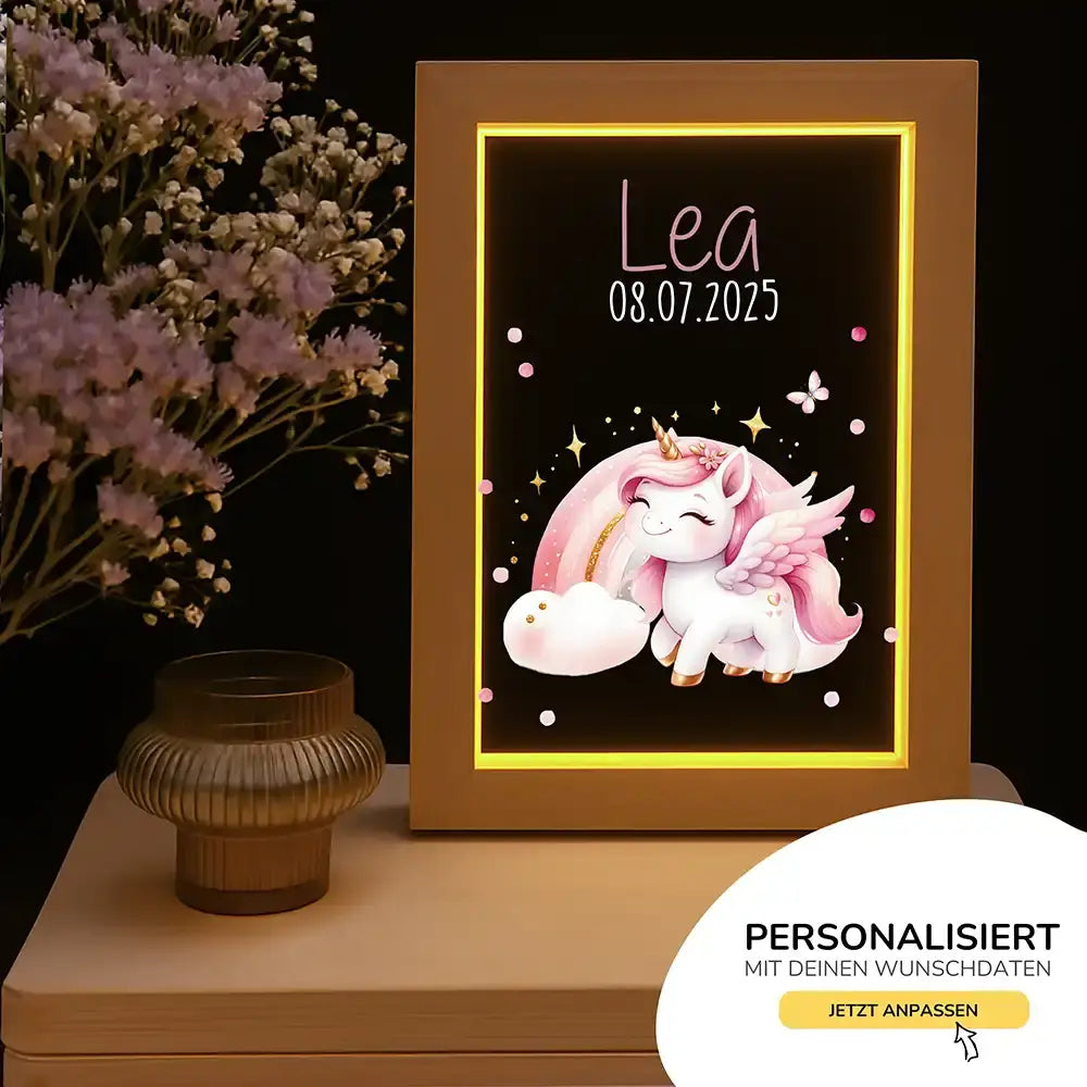 Personalisiertes LED Nachtlicht Bilderrahmen mit Namen - Einhorn