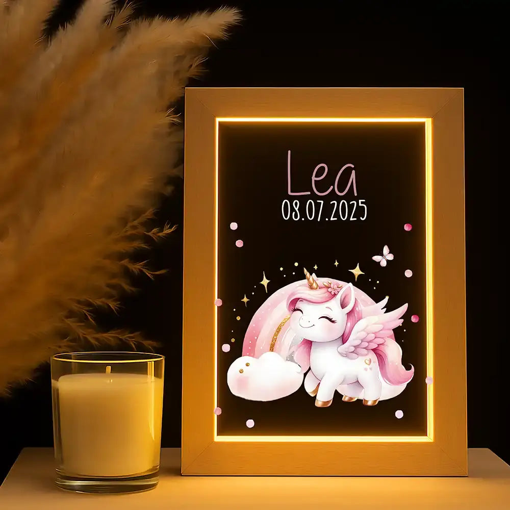 Personalisiertes LED Nachtlicht Bilderrahmen mit Namen - Einhorn