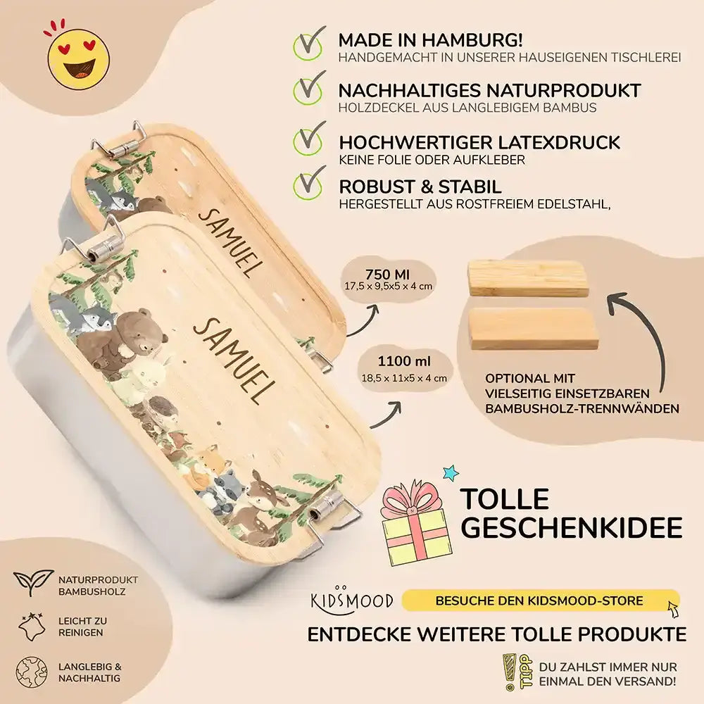 detailansicht der gravierten waldtiere motive auf brotdose