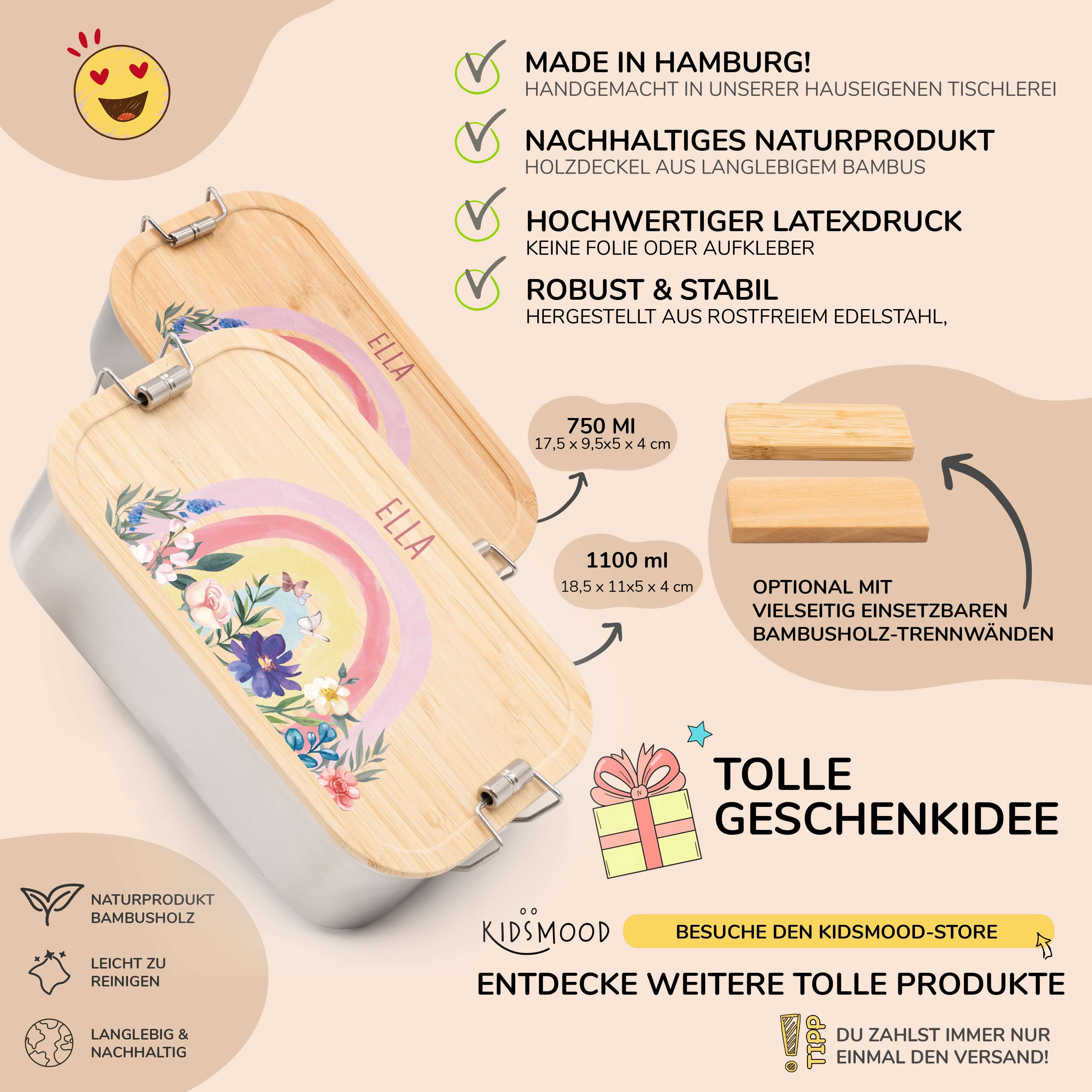 detailansicht der gravierten blumen und regenbogen motive auf brotdose