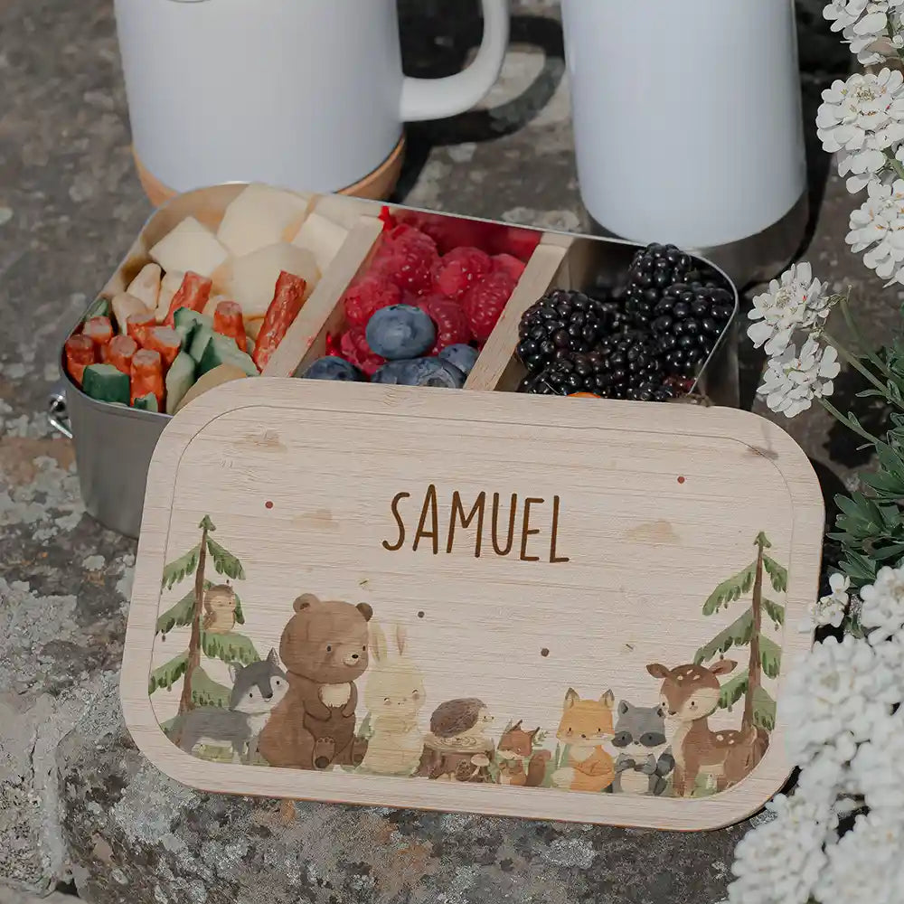 Personalisierte Brotdose Samuel aus Bambus mit Waldtier-Motiven - Lunchbox Kindergarten schadstofffrei