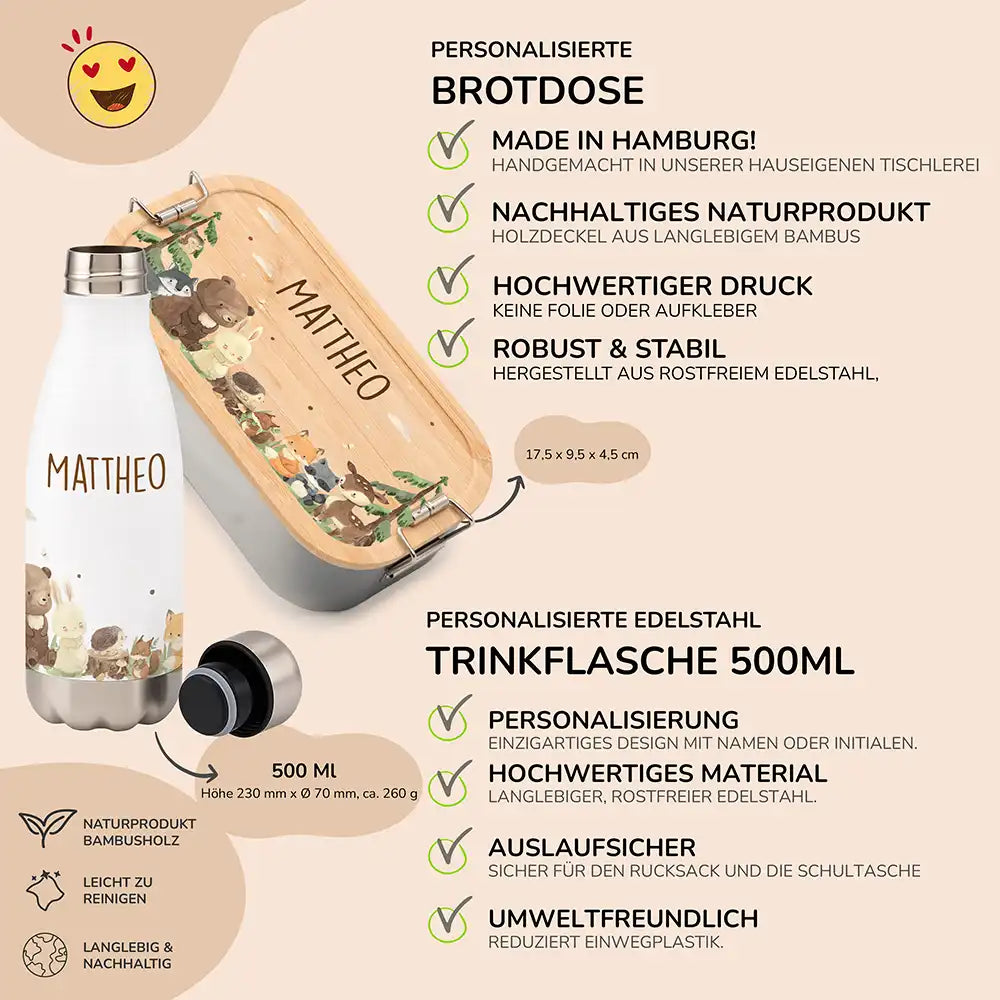 Großes Schulstart-Set personalisiert für Kinder: Brotdose, Trinkflasche und Tasse