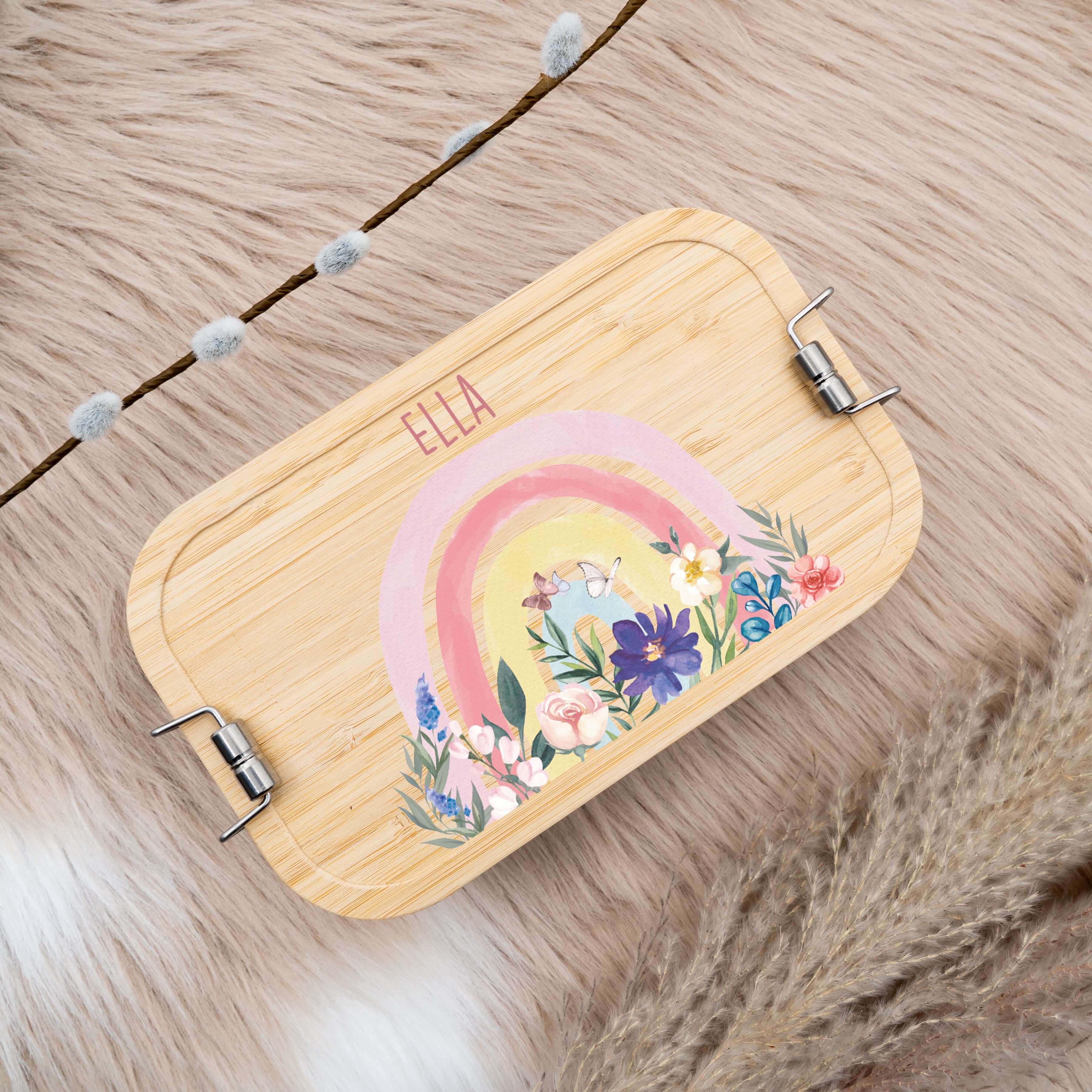 brotdose für kinder mit blumen und regenbogen gravur