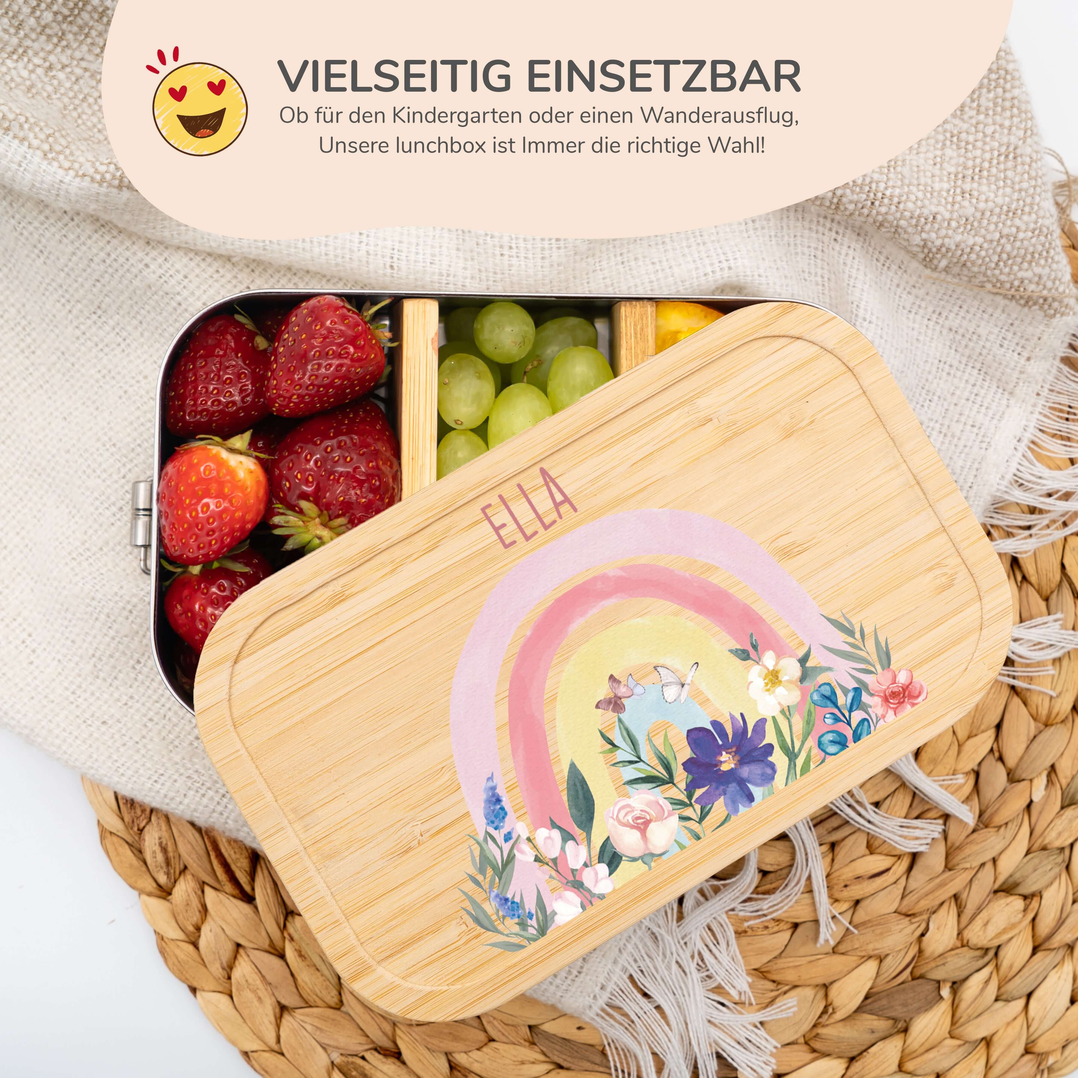 hochwertige brotdose mit blumen und regenbogen personalisiert