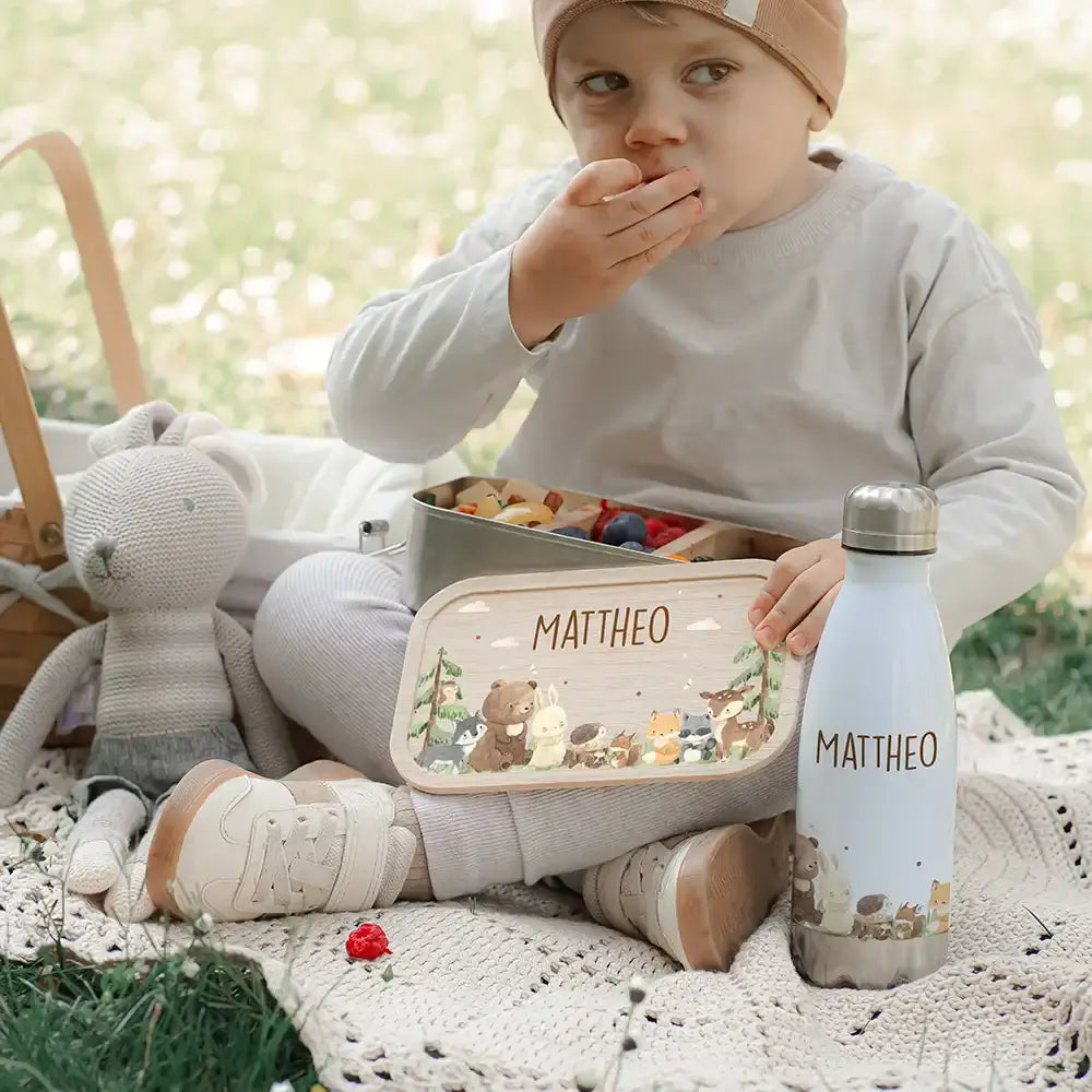 Großes Schulstart-Set personalisiert für Kinder: Brotdose, Trinkflasche und Tasse