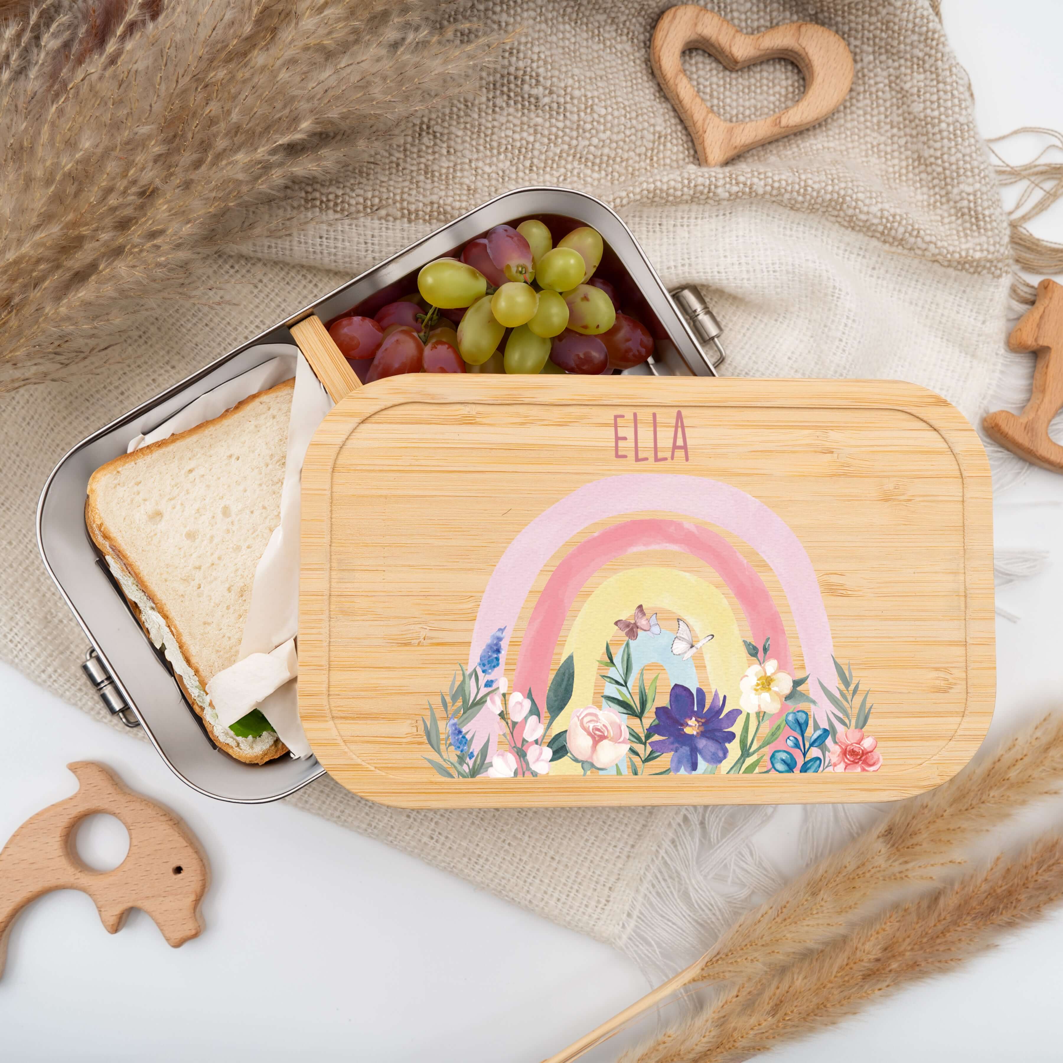 personalisierte brotdose mit blumen und regenbogen design