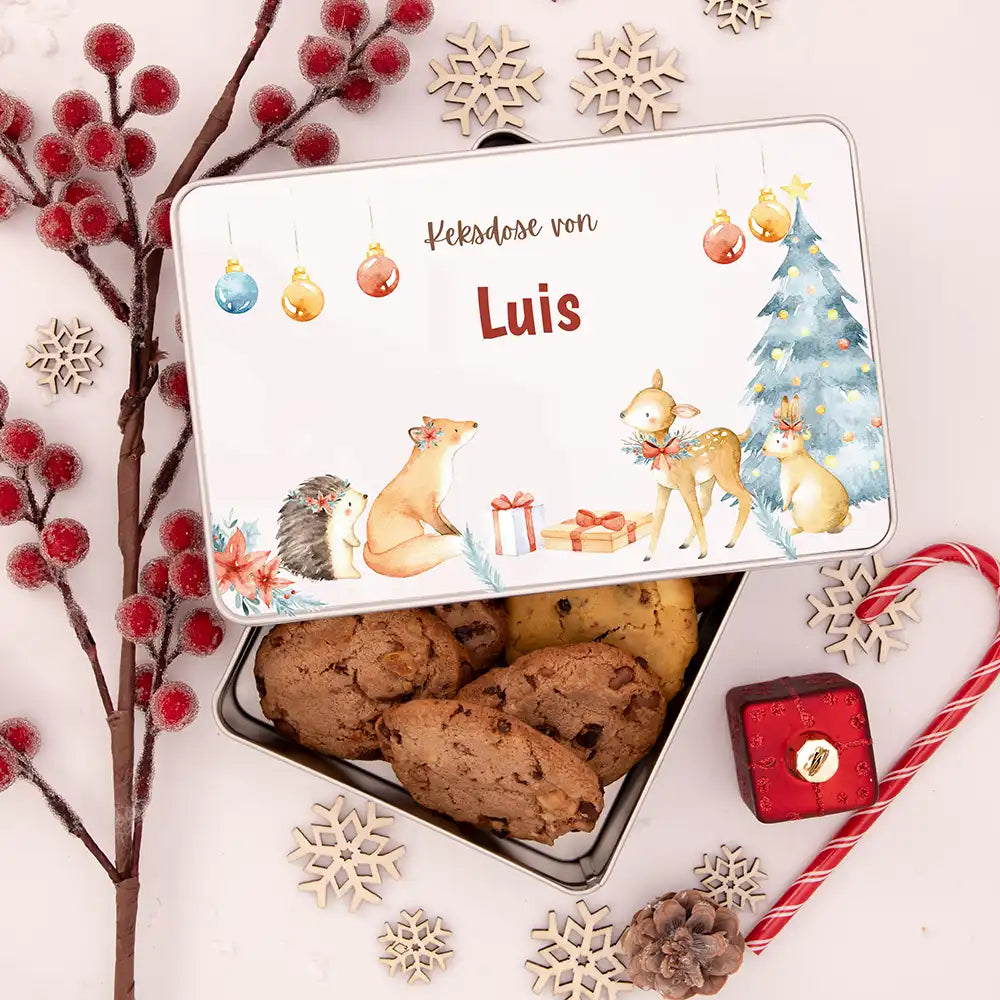 Keksdose aus Metal personalisiert - Festliche Waldfreunde