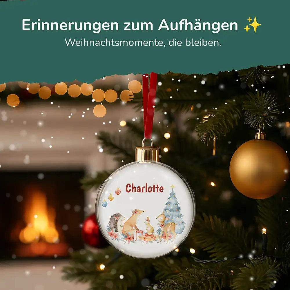 Weihnachtskugel personalisiert mit Namen - Fuchs am Tannenbaum
