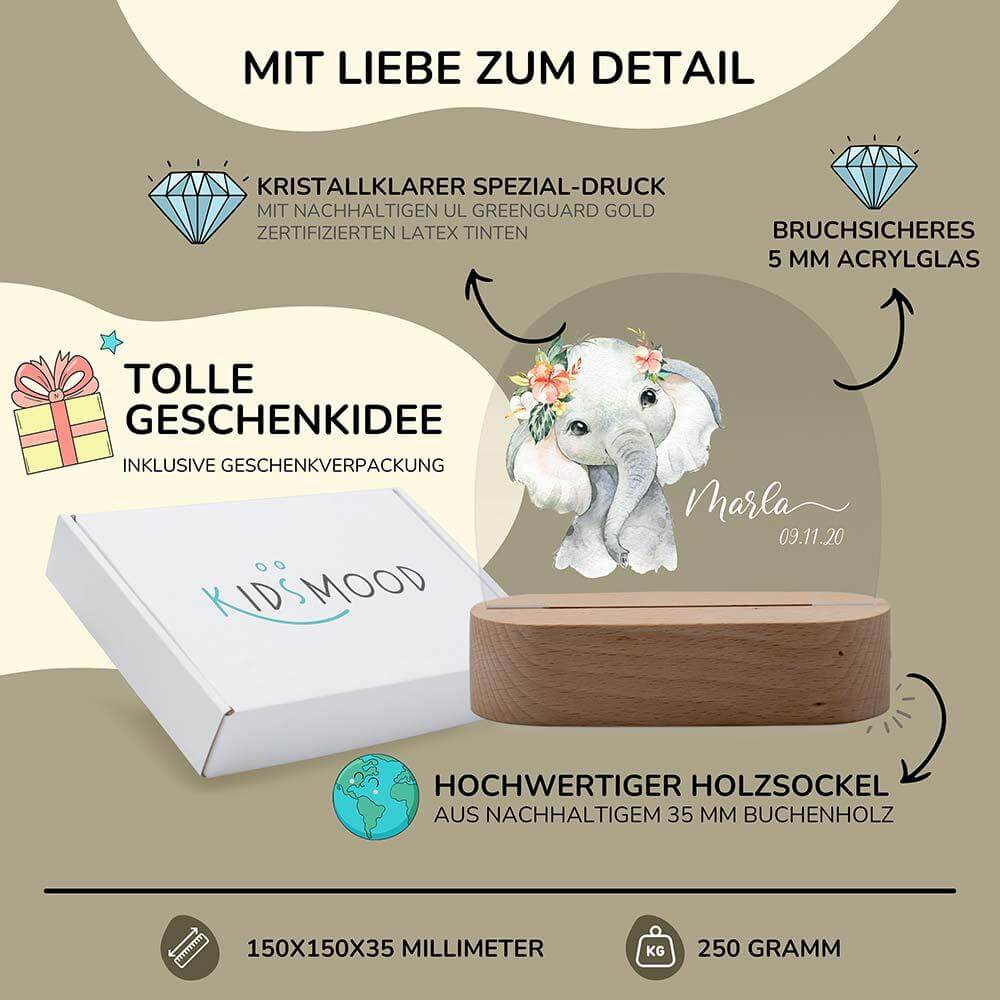 ngraved night lamp with elephant motif and custom name