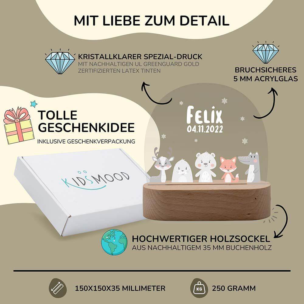 night lamp with elch, robbe, bär, fuchs, and krokodil design and personalized name