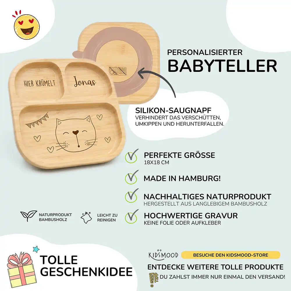 Kinderteller mit Saugnapf - Mit Namen und niedlichen Tiermotiven