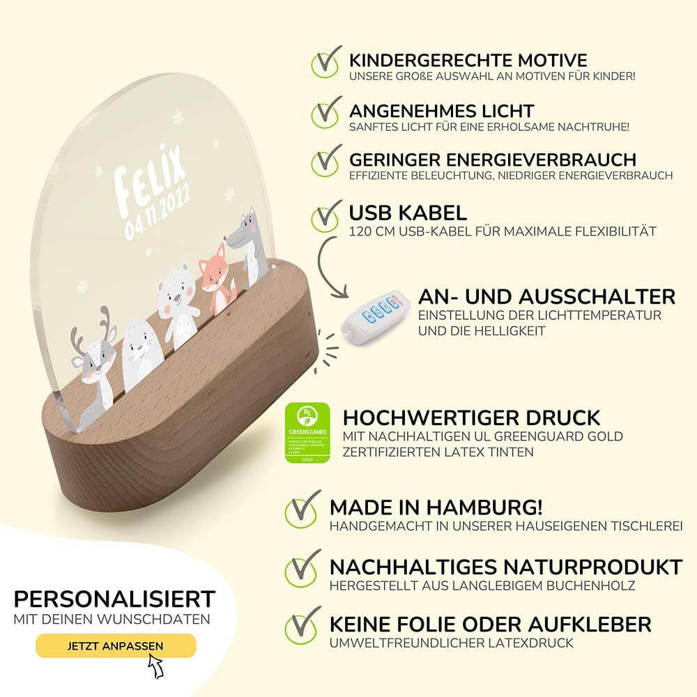 detailed view of winter animals and snowflakes design on night lamp