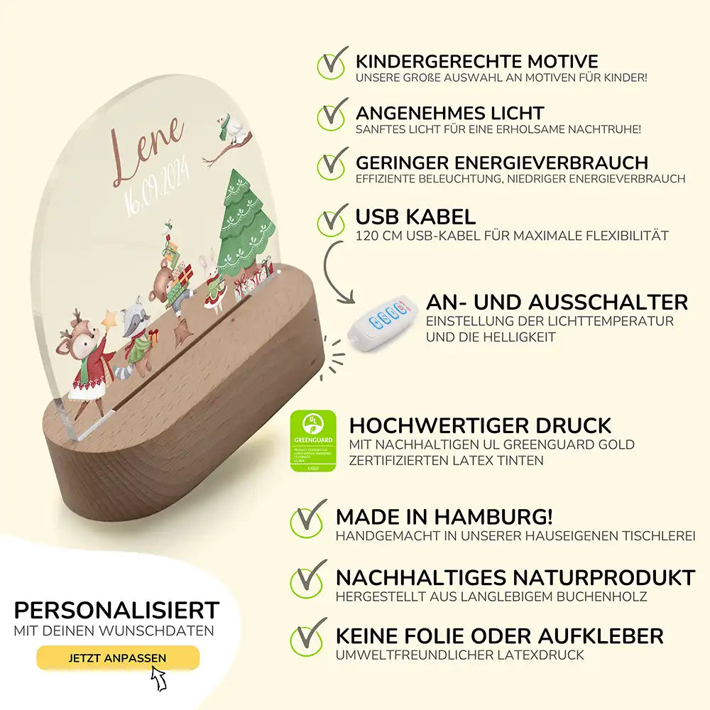 Nachtlicht Kinder personalisiert Weihnachten - Tanzende Tierfreunde