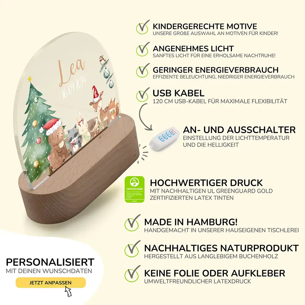 Nachtlicht Kinder personalisiert Weihnachten - Niedliche Waldtiere