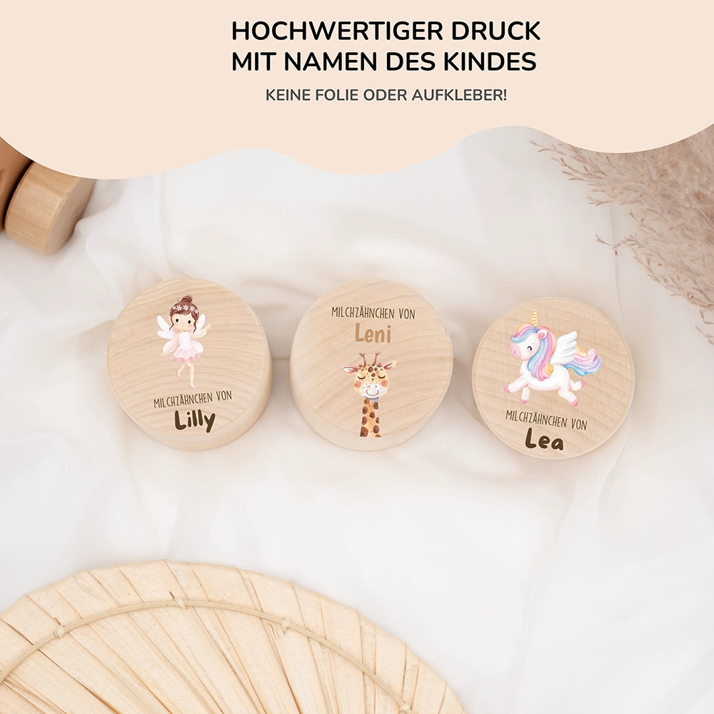 Zahndose Milchzähne personalisiert - Holz Zahnbox mit Wunschnamen - Giraffe Motiv