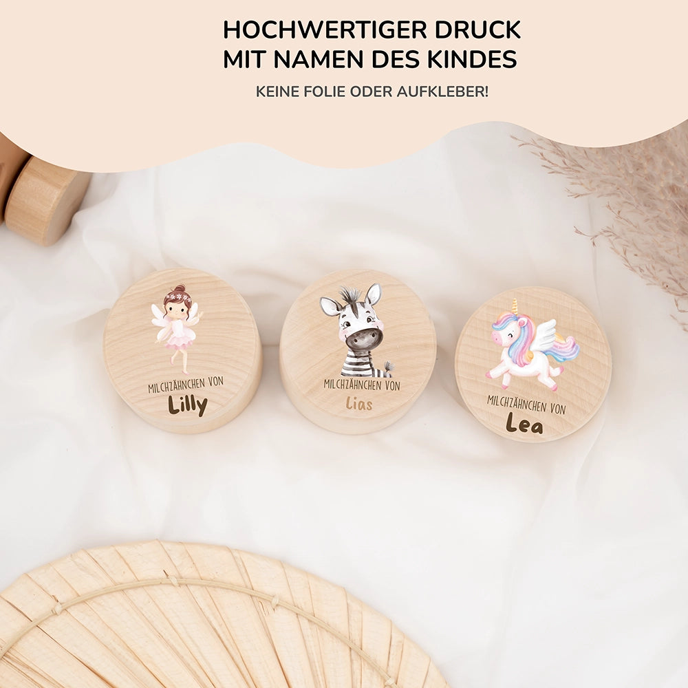 Zahndose Milchzähne personalisiert - Holz Zahnbox mit Wunschnamen - Zebra