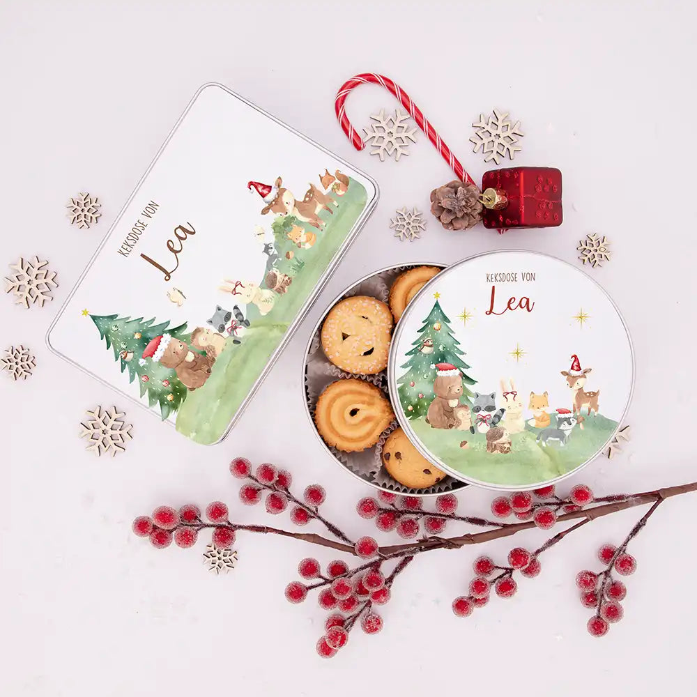 Keksdose aus Metal personalisiert - Kleine Waldbewohner im Weihnachtsglanz