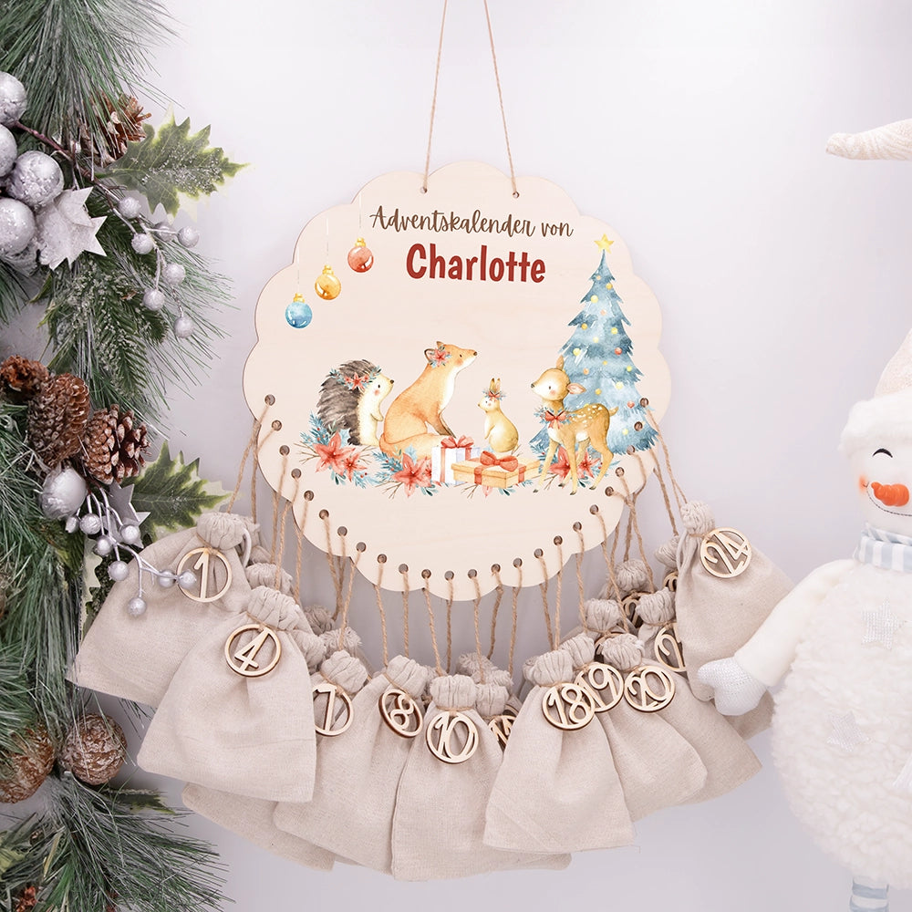 Personalisierter runder Adventskalender Kinder aus Holz - Winterwaldtiere