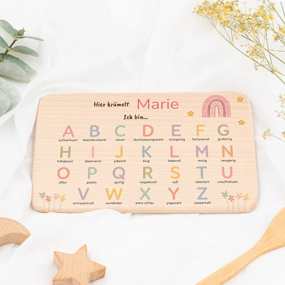 ABC Brettchen Kinder personalisiert – Regenbogen pastell