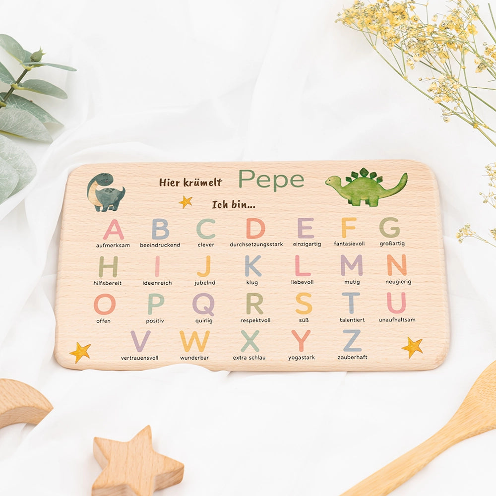 ABC Brettchen Kinder personalisiert – Dinosaurier pastell