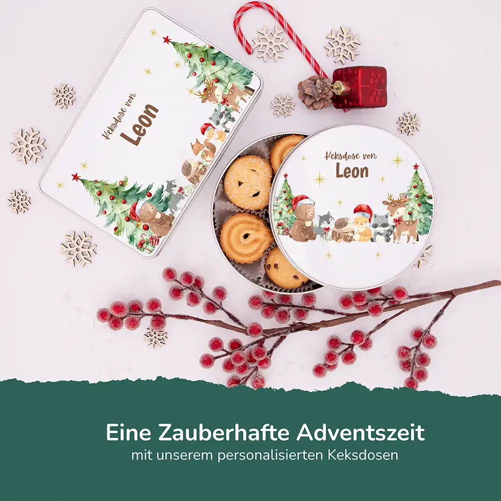 Keksdose aus Metal personalisiert - Weihnachtliche Waldtiere