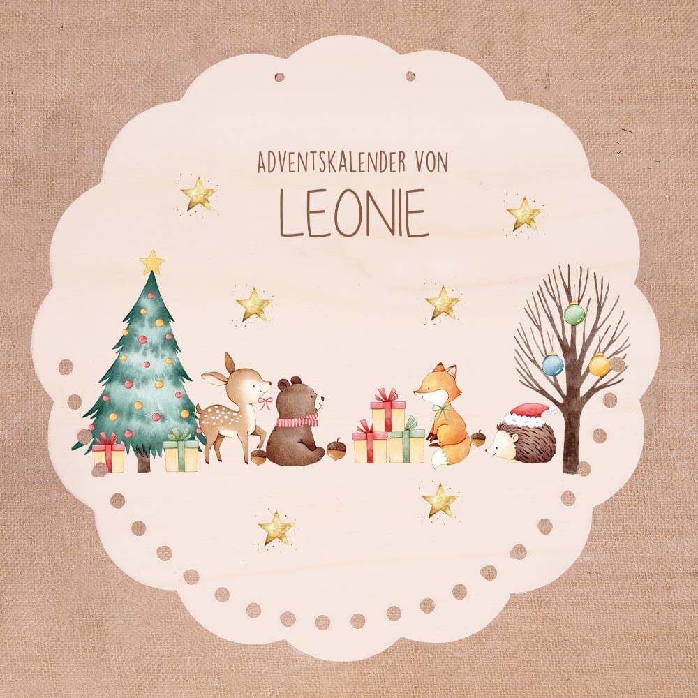 Personalisierter runder Adventskalender Kinder aus Holz - Tiere im Schneegestöber