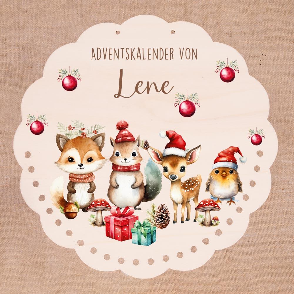 Personalisierter runder Adventskalender Kinder aus Holz - Tierische Weihnachtsfeier