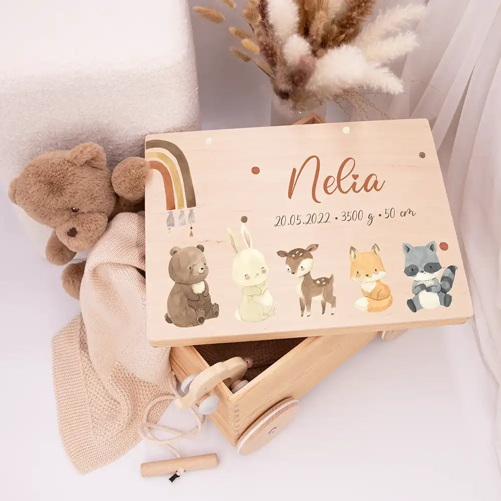 Spielzeugkiste mit Rädern personalisiert - Tierfreunde