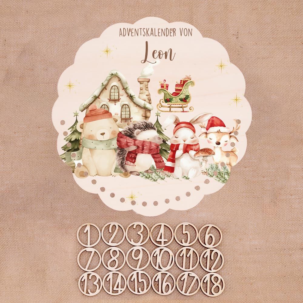 Personalisierter runder Adventskalender Kinder aus Holz - Waldtiere im Winterzauber