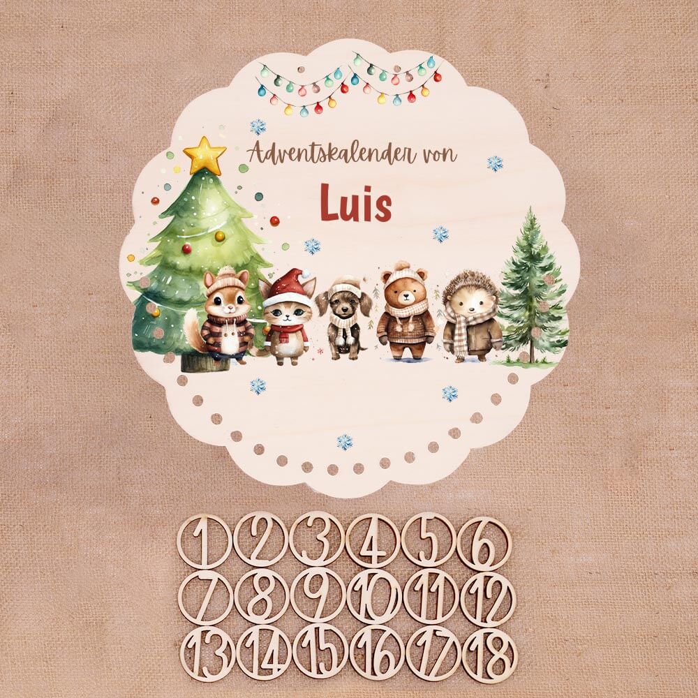 Personalisierter runder Adventskalender Kinder aus Holz - Winterwaldtiere