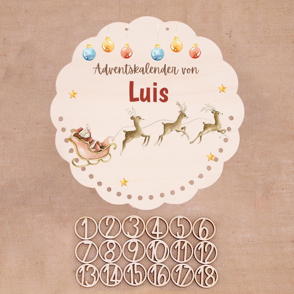 Personalisierter runder Adventskalender Kinder aus Holz - Rentiere