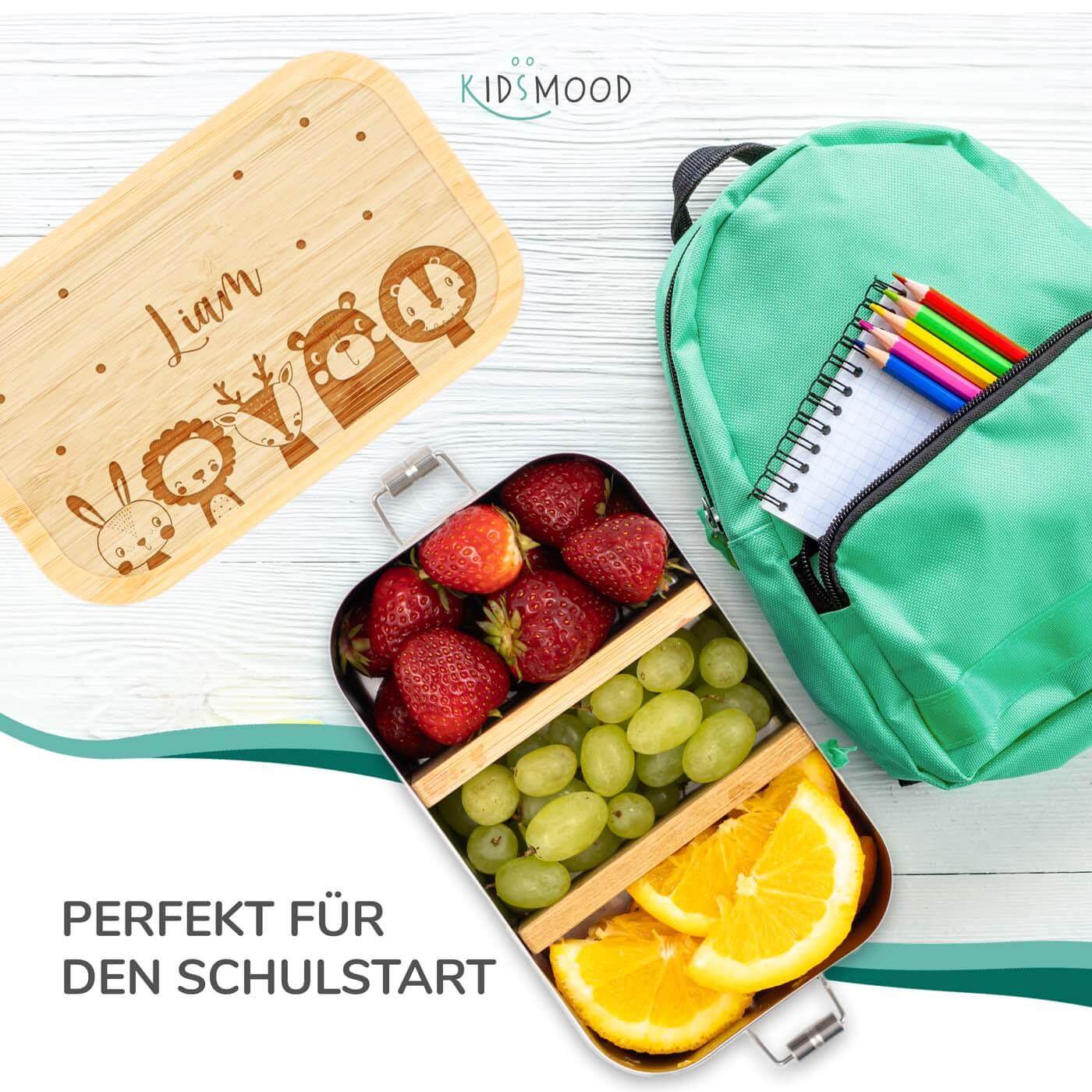 handcrafted lunchbox with tierfamilie engraving