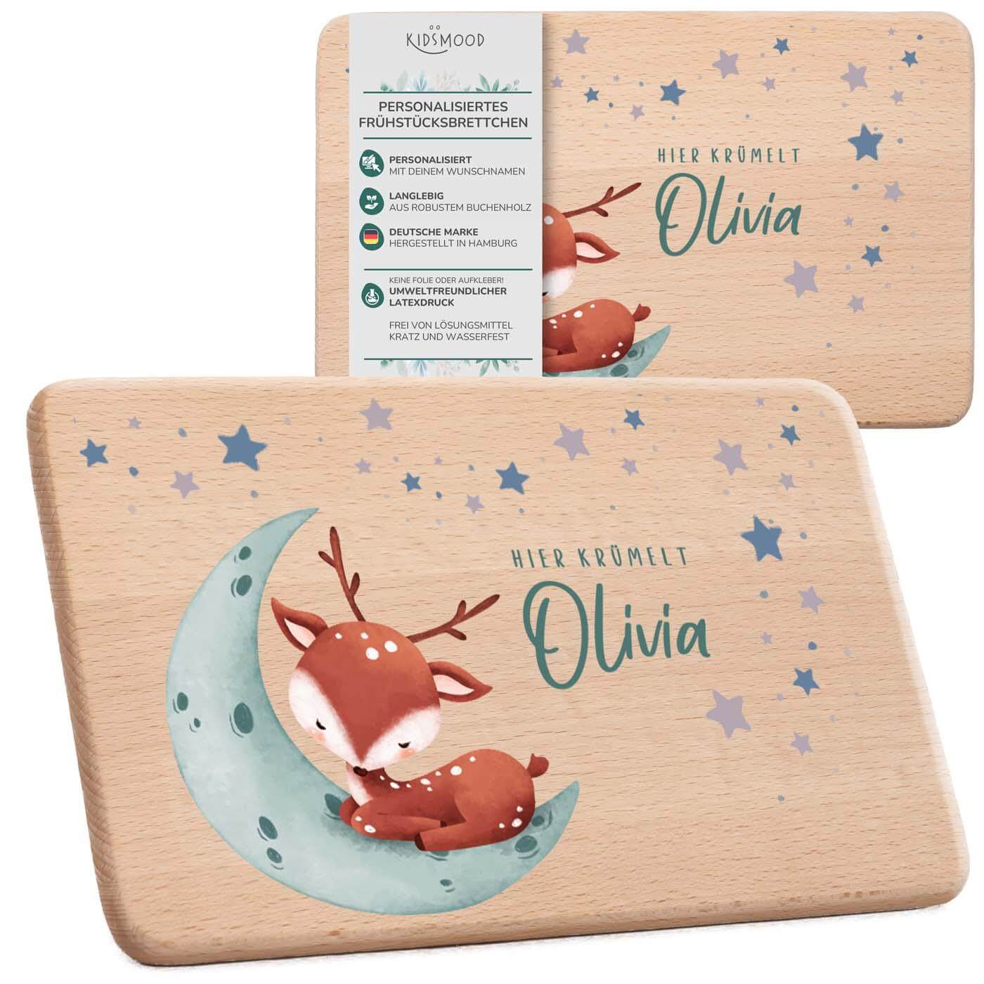 personalisiertes frühstücksbrettchen mit baby reh design