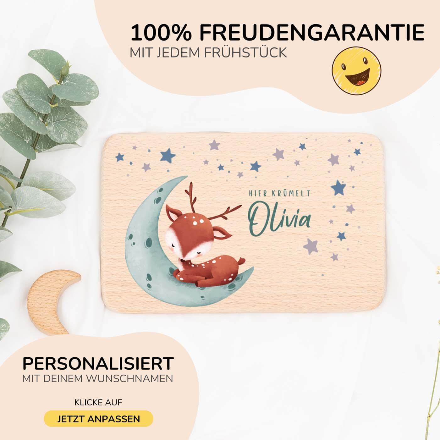 nahaufnahme des frühstücksbrettchens mit baby reh motiv