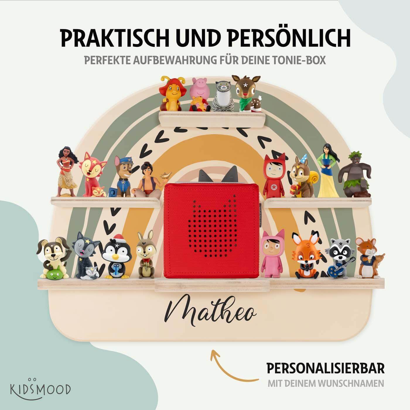 close-up of Tonie shelf with standard regenbogen motif