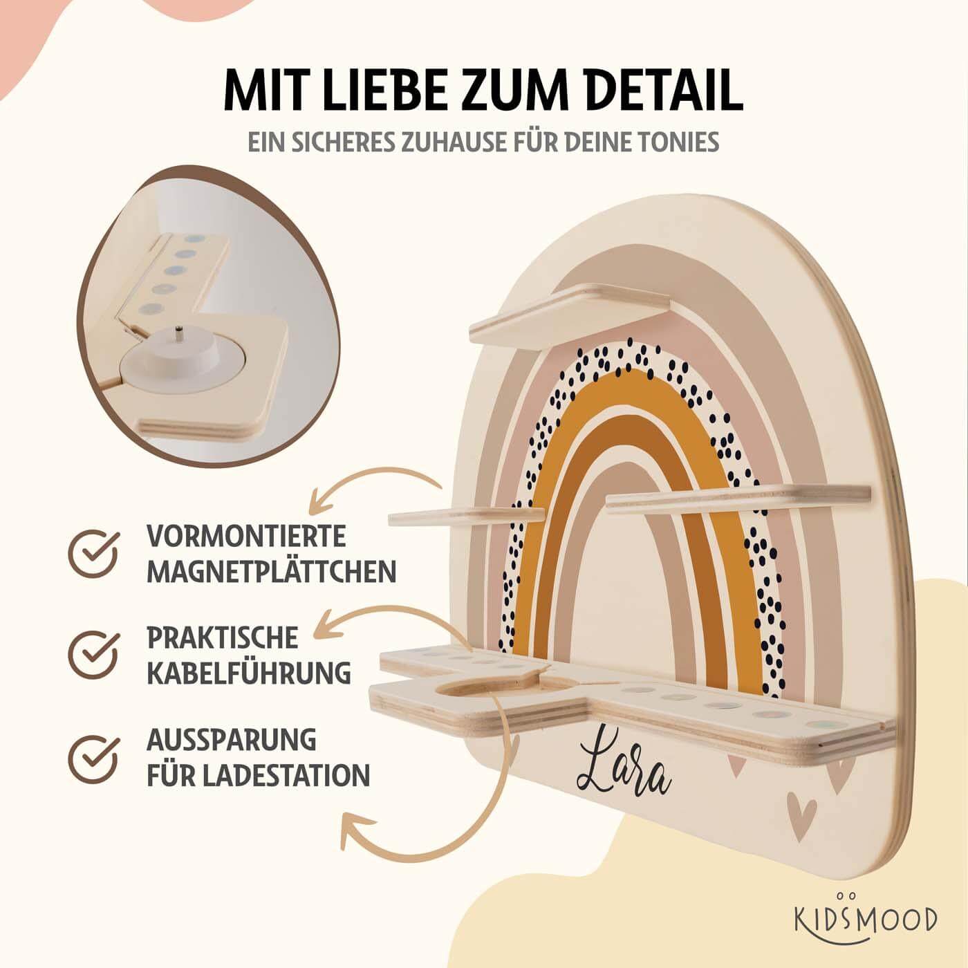 close-up of Tonie shelf with regenbogen and heart motif