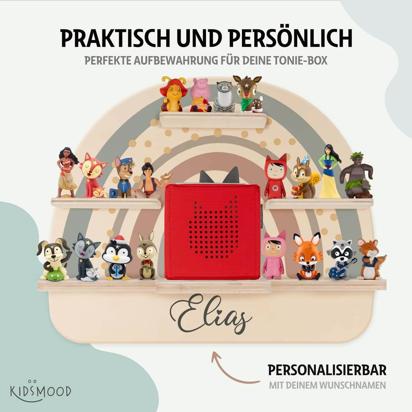 nahaufnahme des tonie-regals mit regenbogen motiv