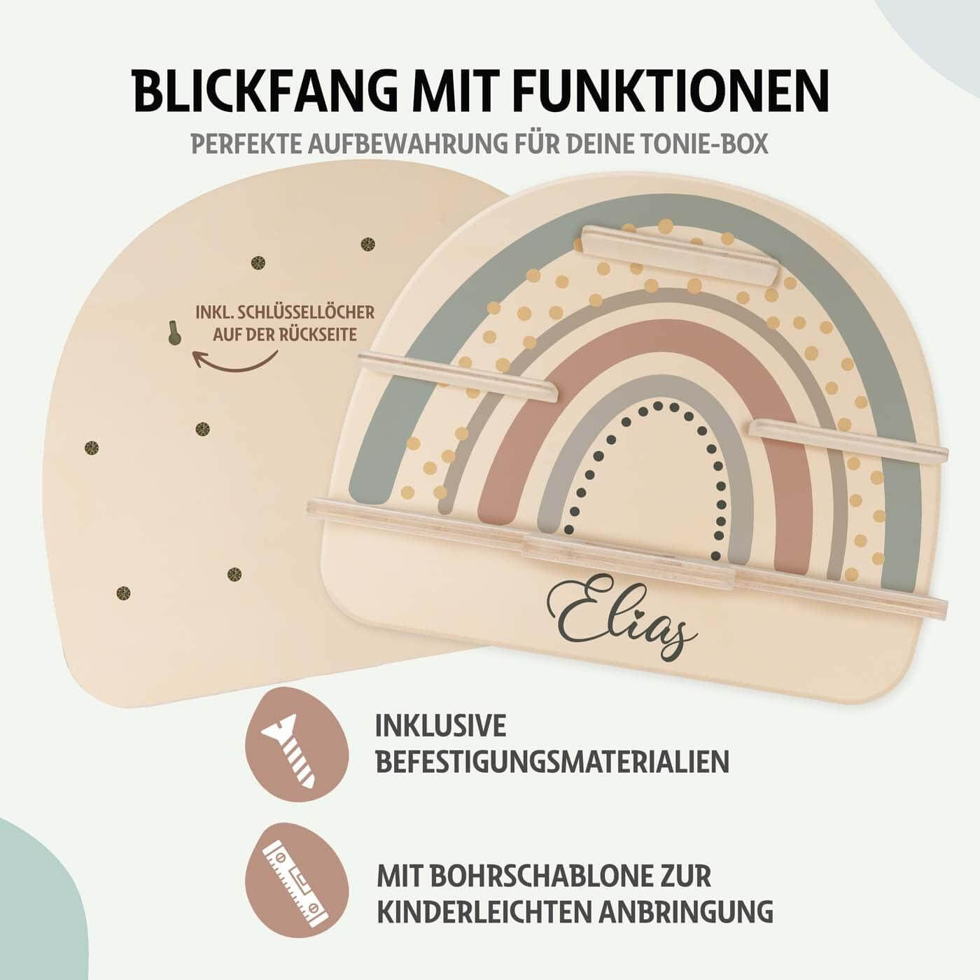 personalisiertes tonie-regal aus holz mit regenbogen