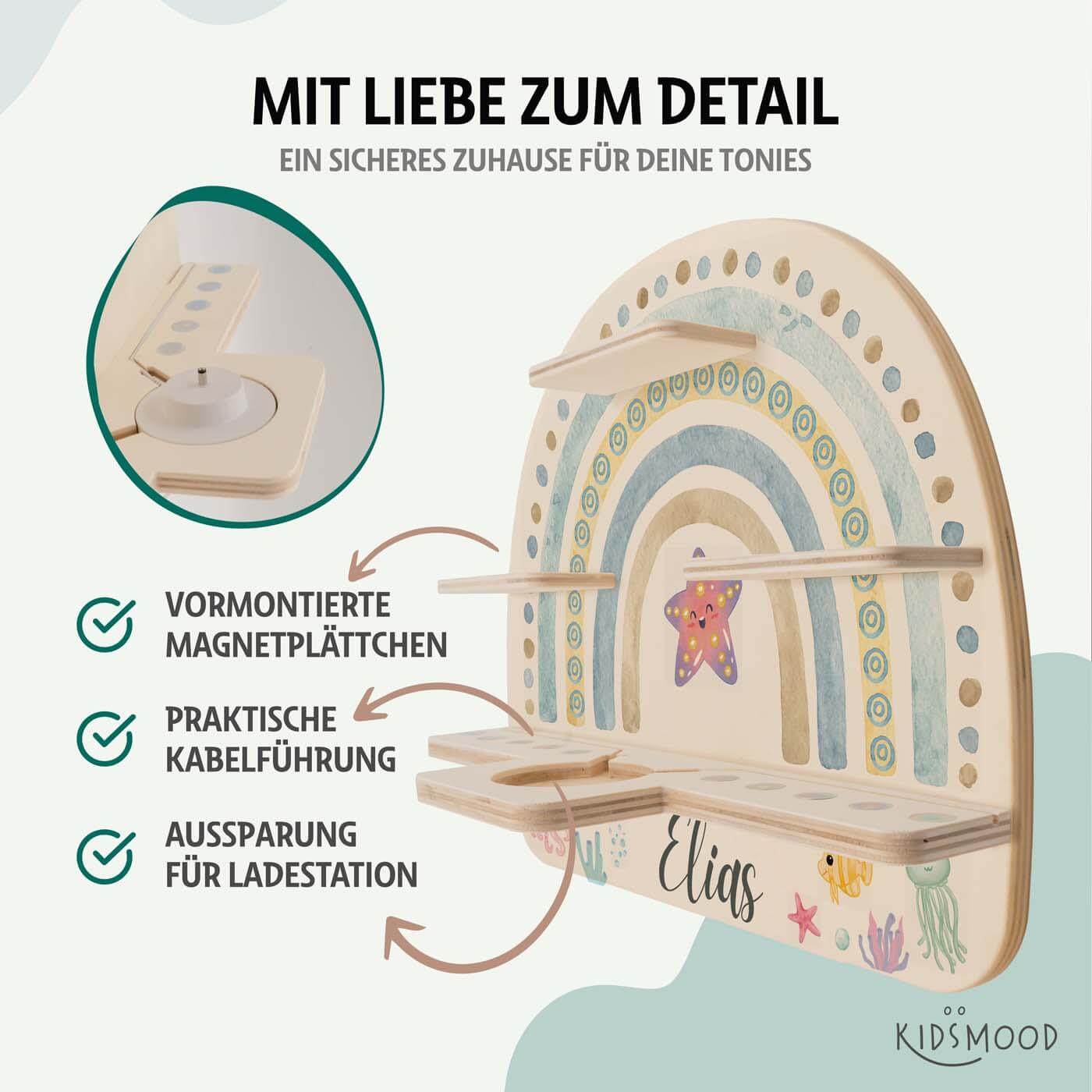 detailansicht der gravur auf dem tonie-regal mit boho regenbogen und meer