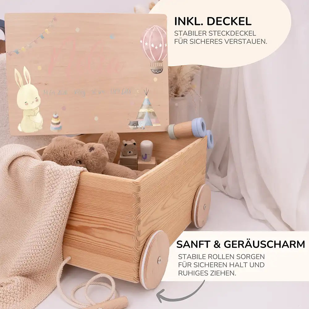 Spielzeugkiste mit Rädern personalisiert - Hasenfreude