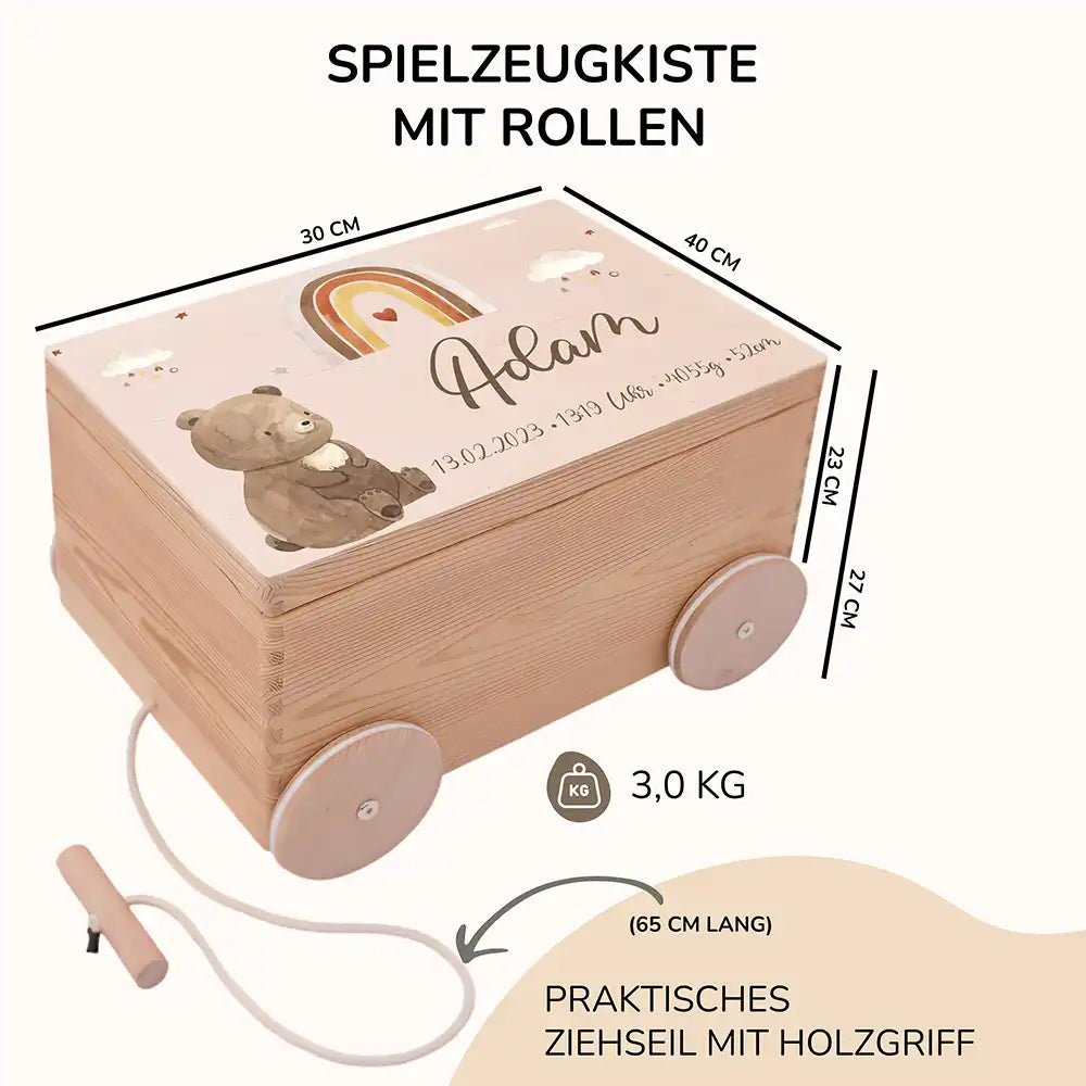 Spielzeugkiste mit Rädern personalisiert - Boho Bär