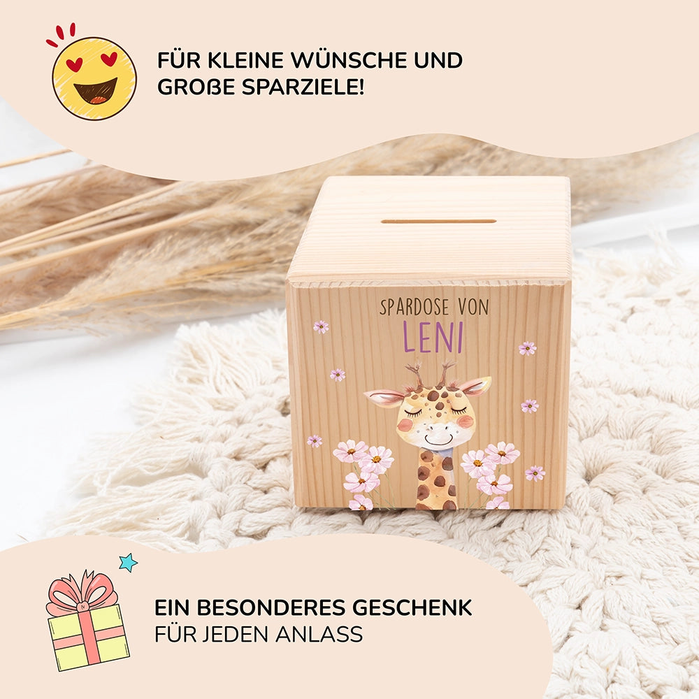 Spardose Kinder, Sparschwein personalisiert bunt - Giraffe mit Blume