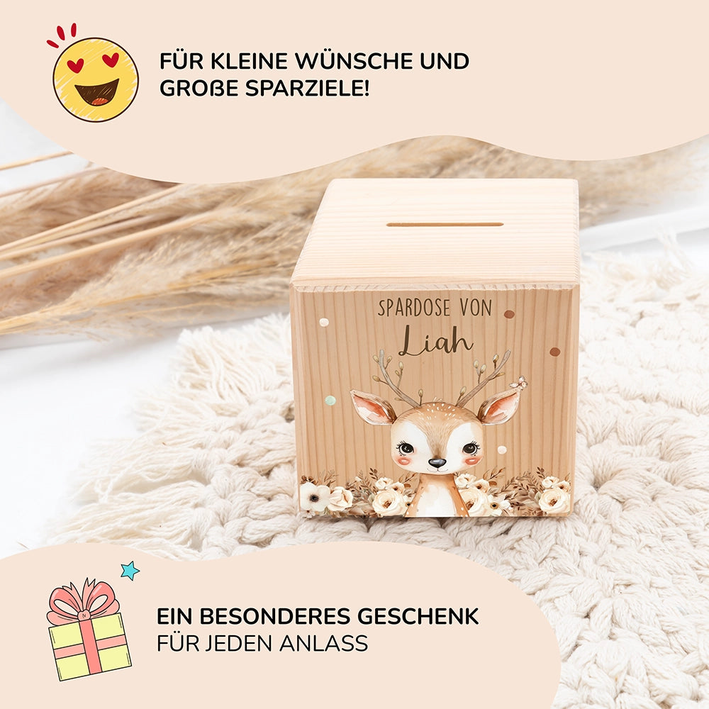 Spardose Kinder, Sparschwein personalisiert bunt - Bay Reh