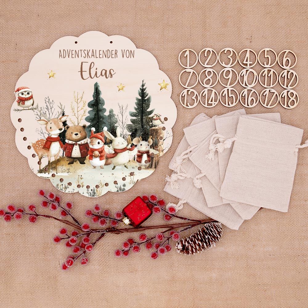 Personalisierter runder Adventskalender Kinder aus Holz - Weihnachtsdorf